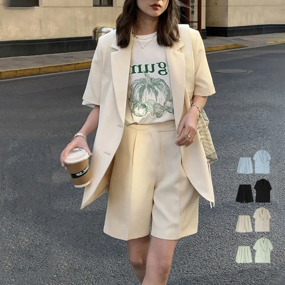 レディース半袖ジャケット×ショートパンツセット 夏服 スタイリッシュやせ見え オフィスカジュアル対応 ポリエステル素材