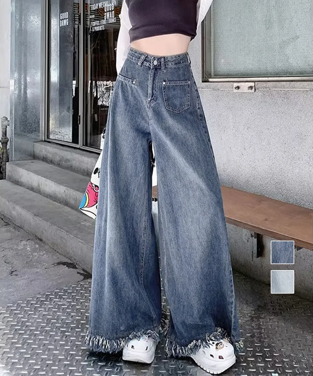 ハイウエスト ワイドデニムパンツ 裾フリンジ加工 カジュアル レトロジーパン レディース 美脚脚長