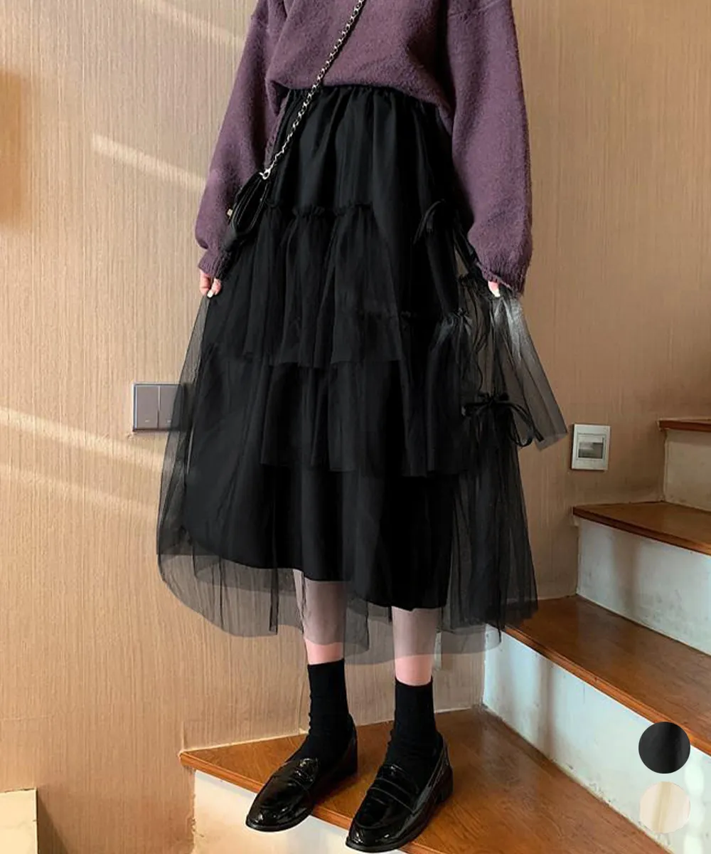 大人可愛いティアードロングチュールスカート リボン付き | 春夏韓国風 フェミニン フレアスカート