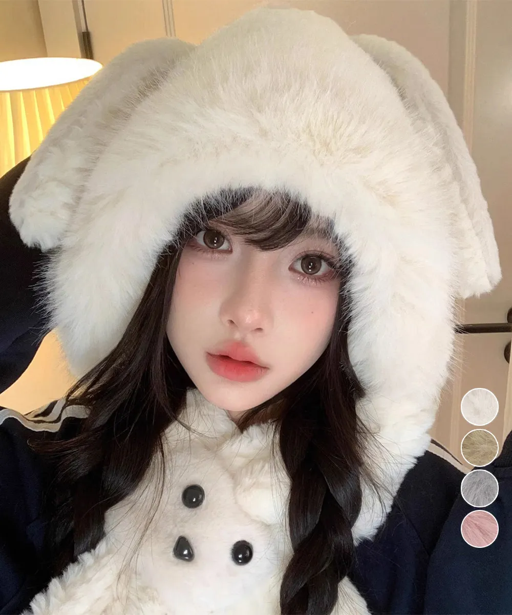 韓国風可愛いファー帽子 マフラー一体型うさぎ耳ボア帽 小顔効果 防寒対策 レディースファッション アイボリー/ベージュ/グレー/ピンク