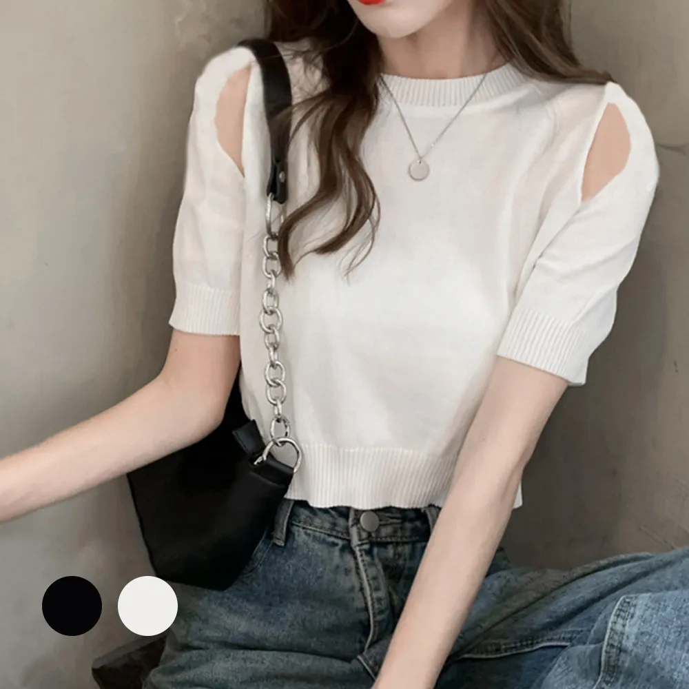 【スタイルアップ】ショート丈ニットトップス へそ出しオフショルダークセクシー夏服 着やせ効果 ブラック/ホワイト