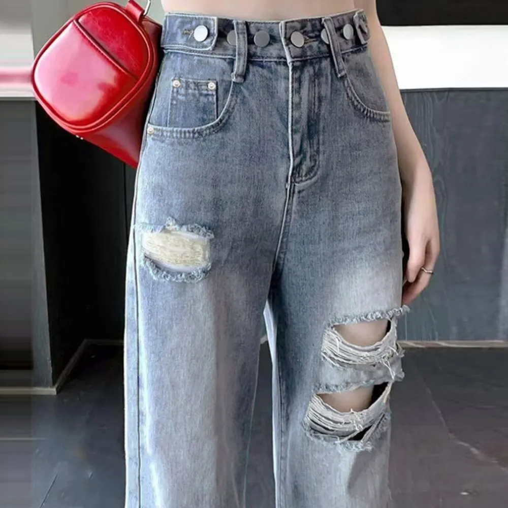 ダメージデニムパンツ レディース着やせ ハイウエスト美脚ジーパン ウォッシュ加工
