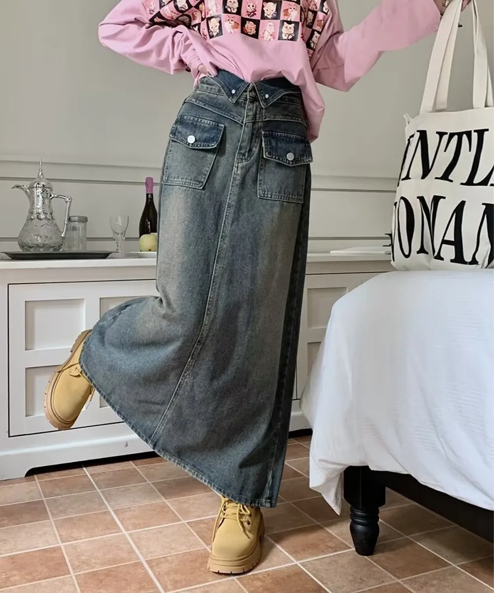 デニムマキシスカート バックスリット入り レトロAライン 美脚・脚長効果 春夏秋冬対応 ヴィンテージウォッシュ加工