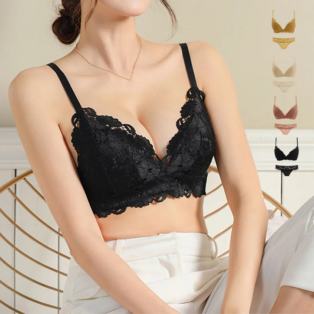 セクシーランジェリーセットアップ 美胸デザインノンワイヤーブラジャー&ショーツ 上品な透け感と谷間メイク | ブラック/アイボリー/くすみピンク/イエロー | S/M/L/XL