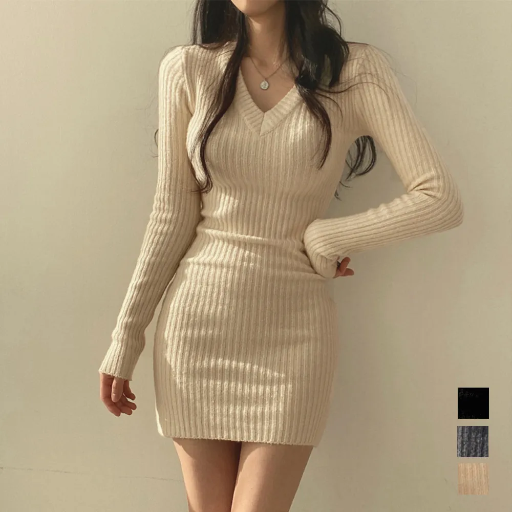 ミニニットワンピース スリムフィット 韓国風Vネックタイトドレス 着やせ効果 セクシーきれいめレディースファッション