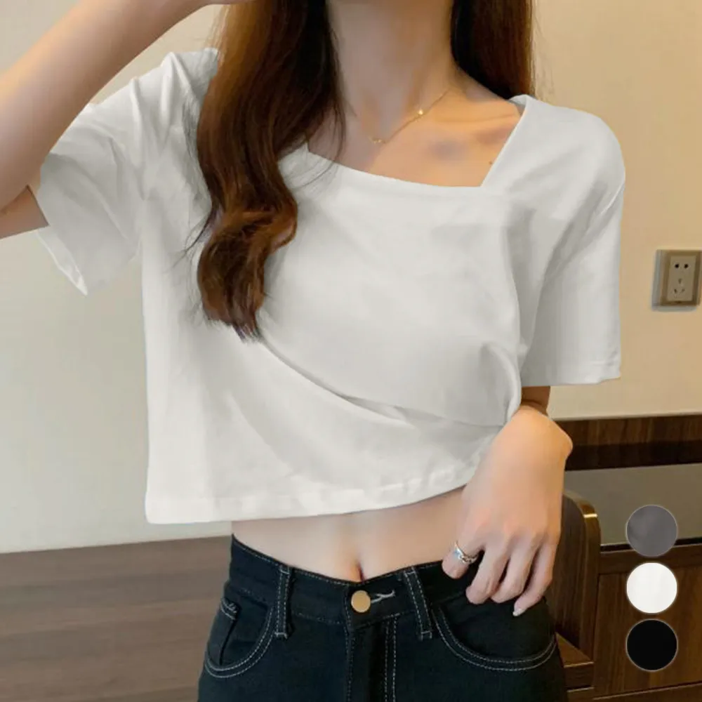 ショート丈Tシャツ レディース半袖韓国風クロップドカットソー スクエアネックでダンス衣装にも使えるハイウエストトップス