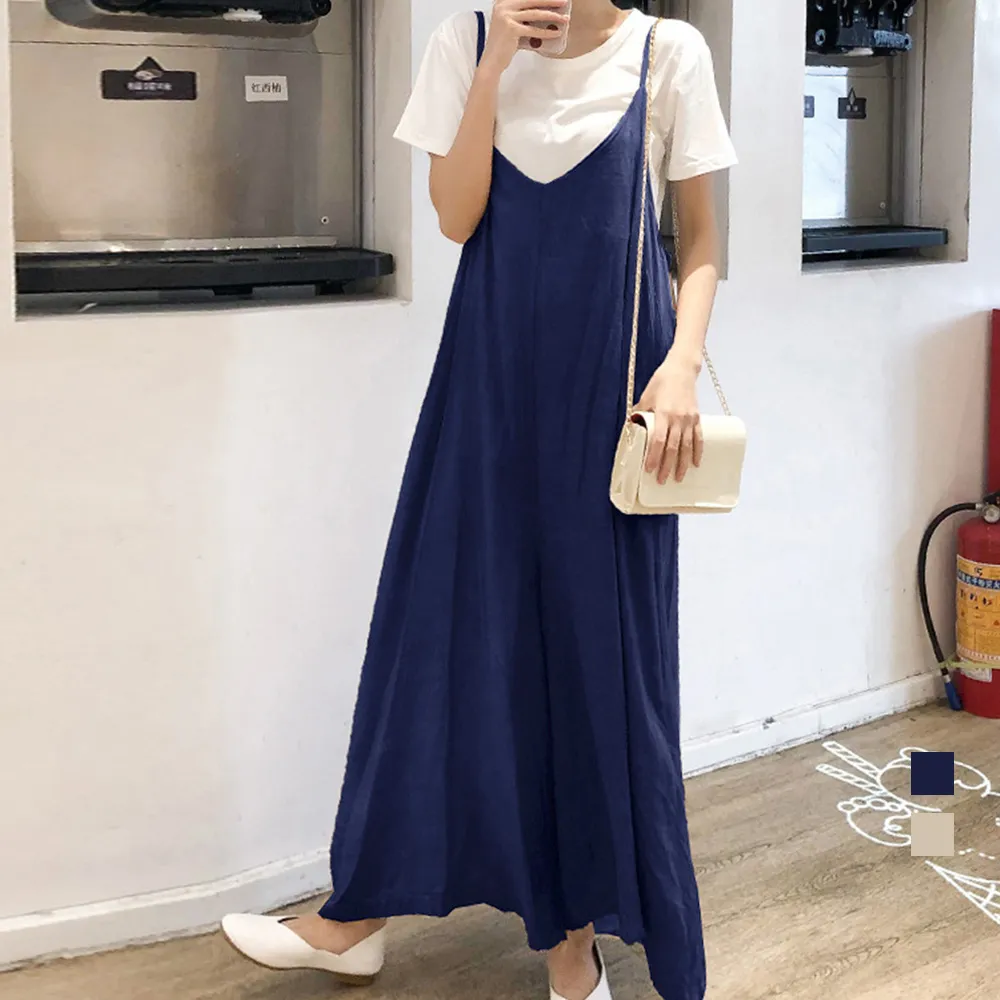 綿麻風大人可愛いオーバーオールレディース韓国おしゃれワイドパンツロング丈マキシスカーチョ春夏秋