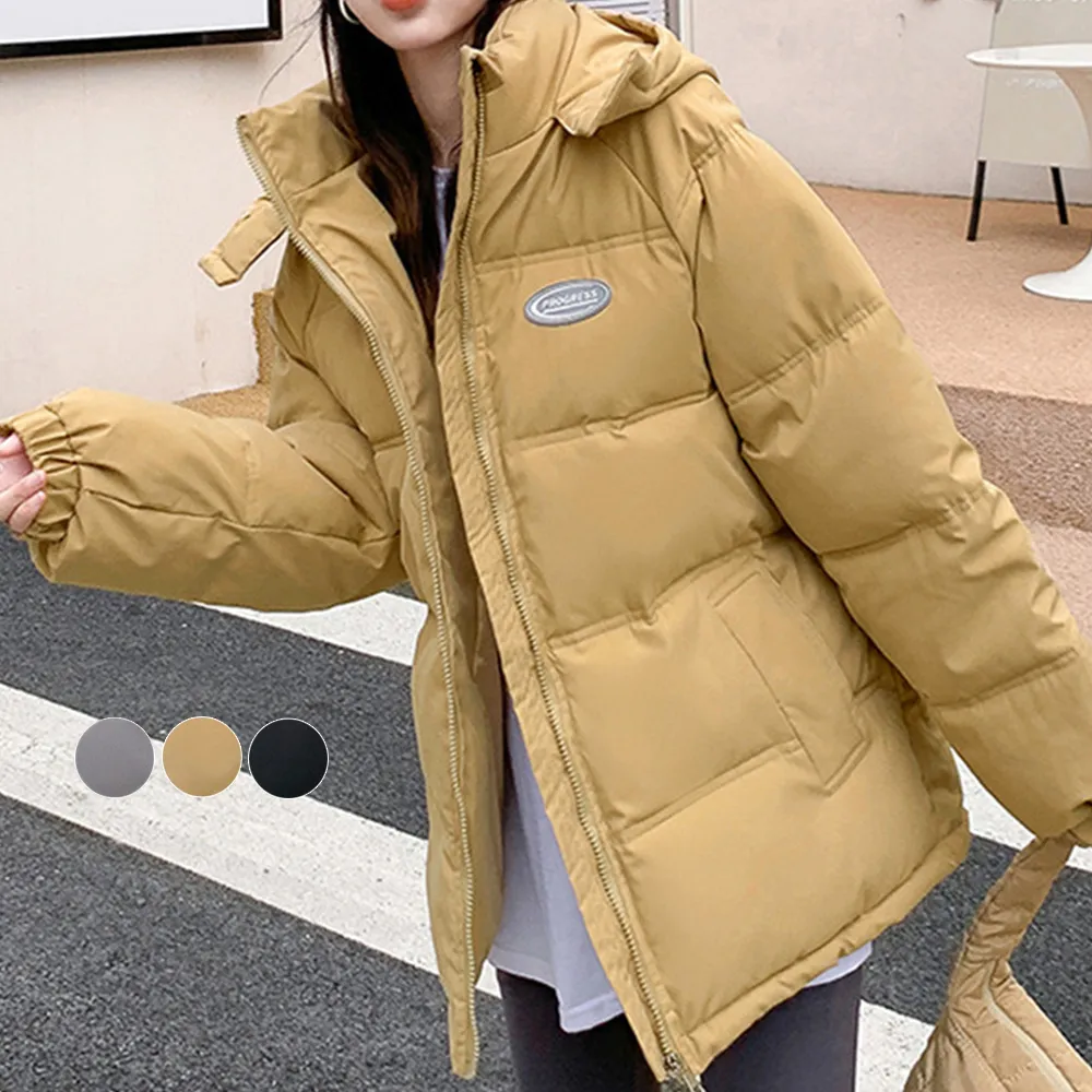 エコダウンフードジャケット レディース 防寒防風 韓国風キルトブルゾン 軽量 ボリューム感 黒/グレー/ダークベージュ L/XL