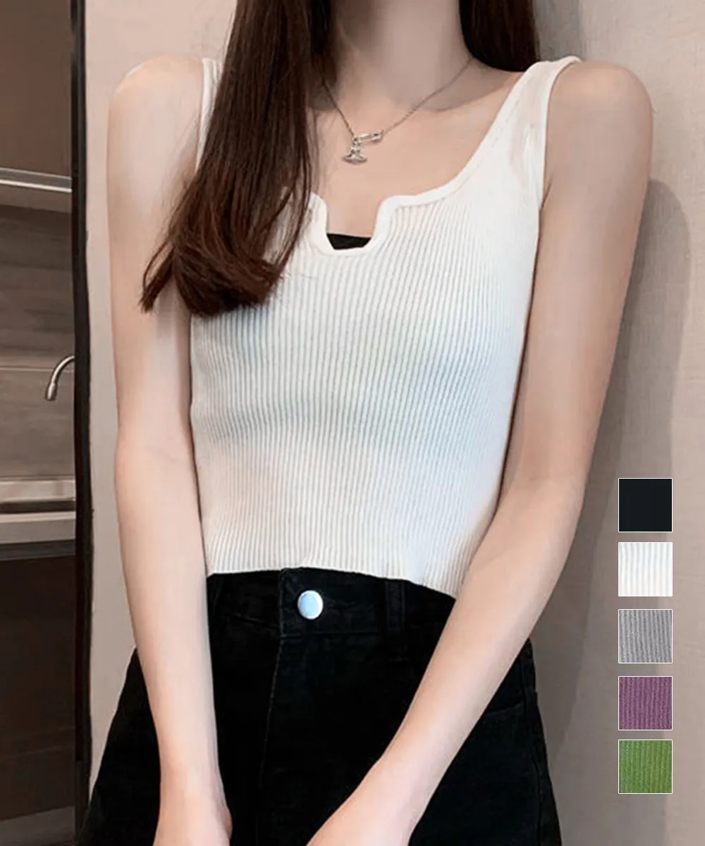 サマーニットへそ出しタンクトップ レディース セクシー リブニット キーホールネック カジュアル 着回しOK ワンサイズ ホワイト/ブラック/ウススミ色/パープル/グリーン