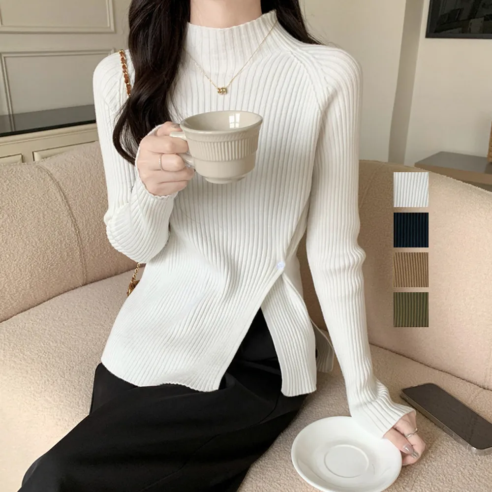 スリット&ボタンデザイン モックネックニットトップス | 春秋冬向け柔らかフェミニンカットソー 韓国ファッション通勤通学用