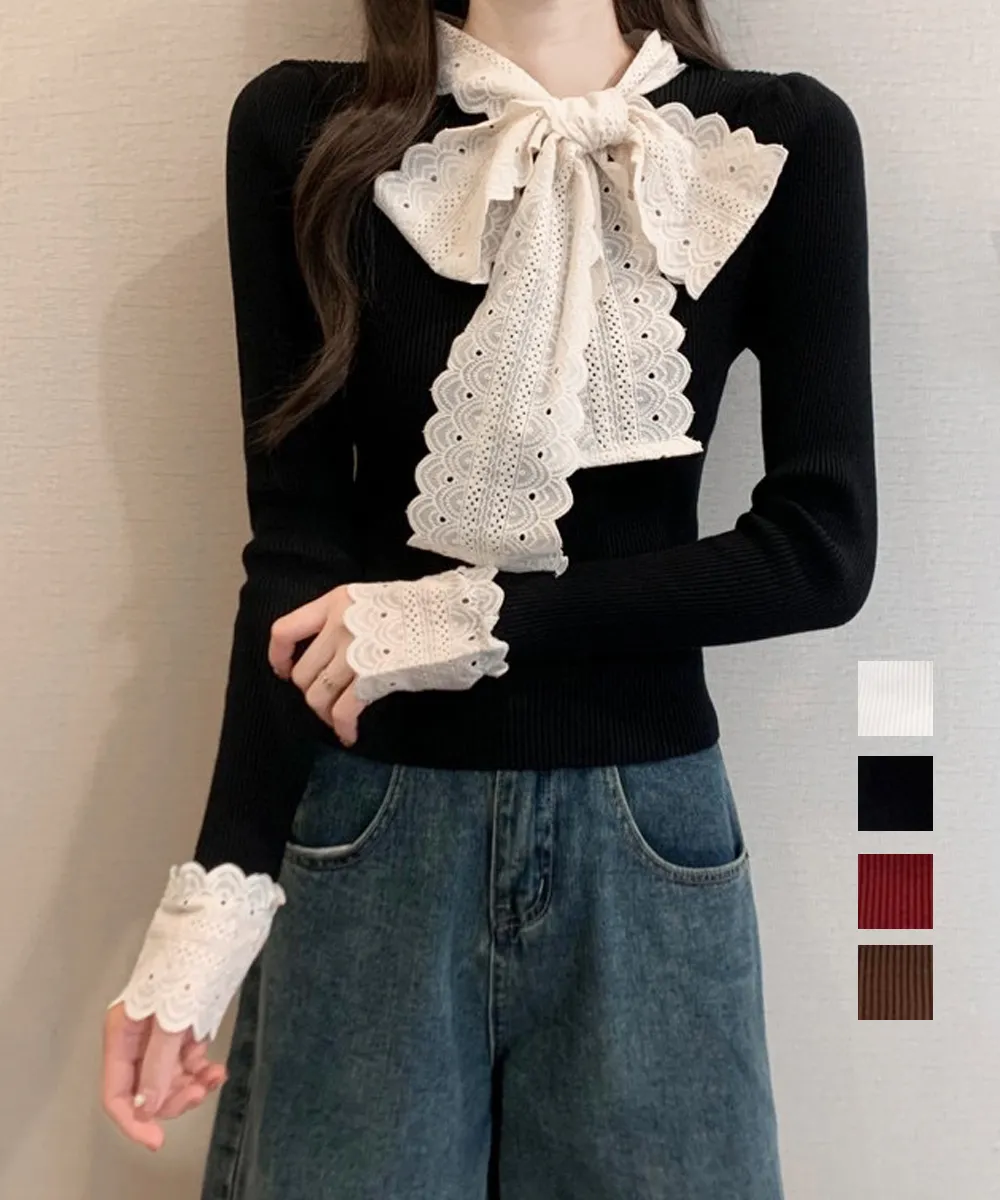 刺しゅうレースボウタイニットトップス｜長袖バイカラー・タイトデザイン・韓国ファッション
