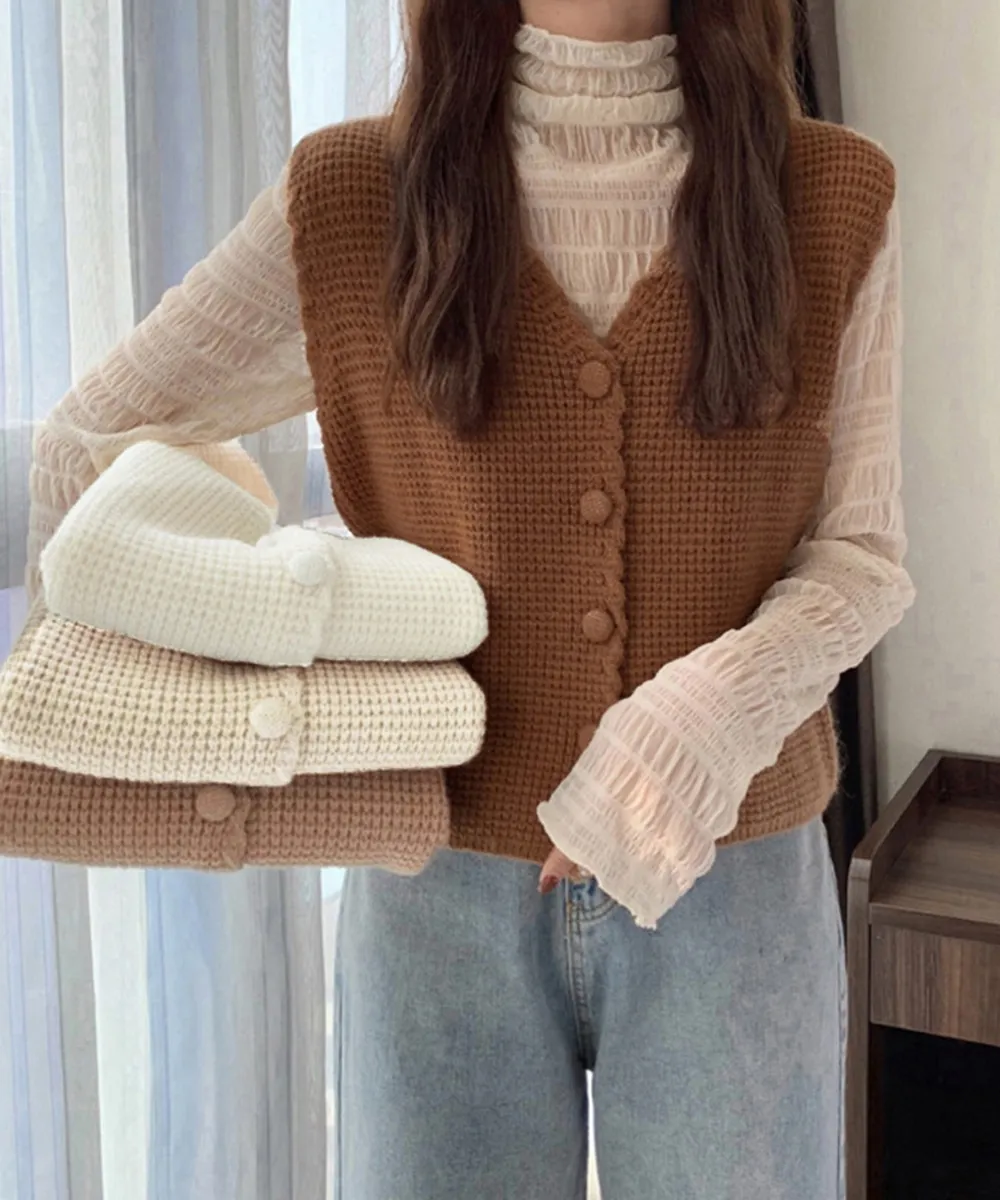 Vネックニットベスト 韓国風ボタン付きジレ レイヤードコーディネートに最適 春秋冬カジュアル服