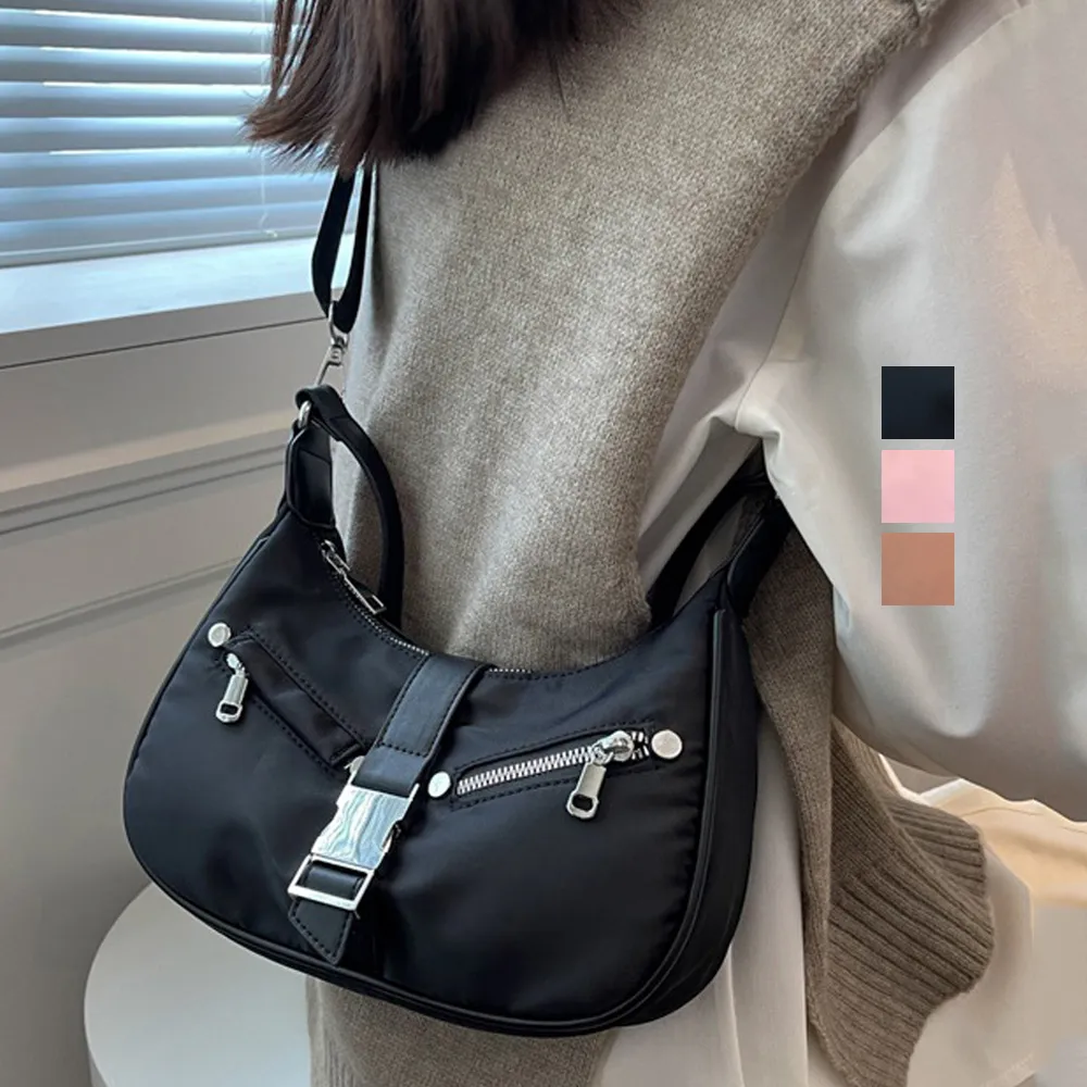 ショルダーバッグ 小さめ ホーボバッグ 2way 調節可能ショルダーベルト フェイクポケット付き ミニ三日月型 ハーフムーンバッグ カジュアル 韓国ファッション スタイリッシュ コンパクト 軽量 約249g ブラック/キャメルブラウン/ピンク