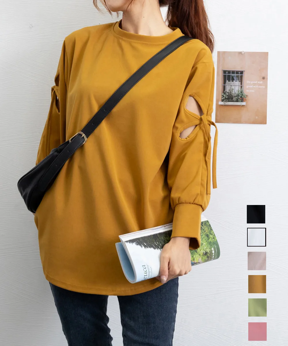 大人可愛いゆったりロングＴシャツ｜さりげないリボン袖と体型カバーデザイン