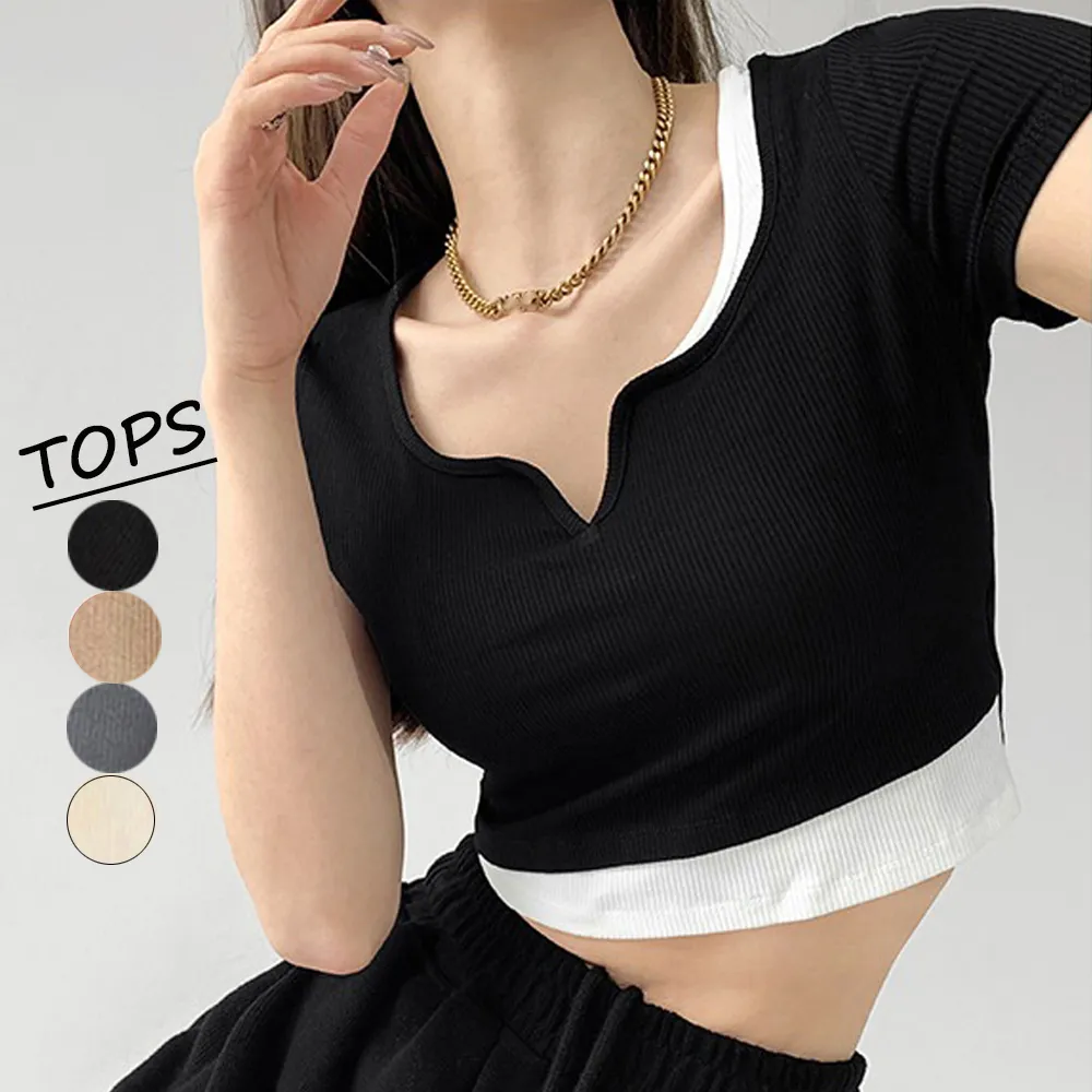 ショート丈トップス へそ出しTシャツ レイヤード風 セクシー レディースカットソー ハイウエストボトムスと相性抜群