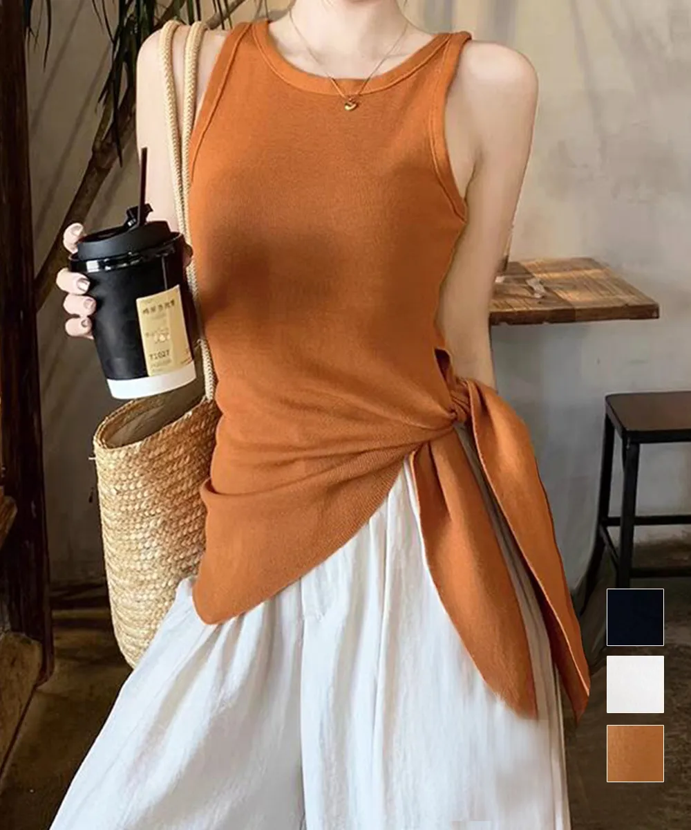 韓国風アシンメタリー ノースリーブニットトップス サイドスリットデザイン 大人可愛いカジュアル 夏服 レディース プルオーバー無地