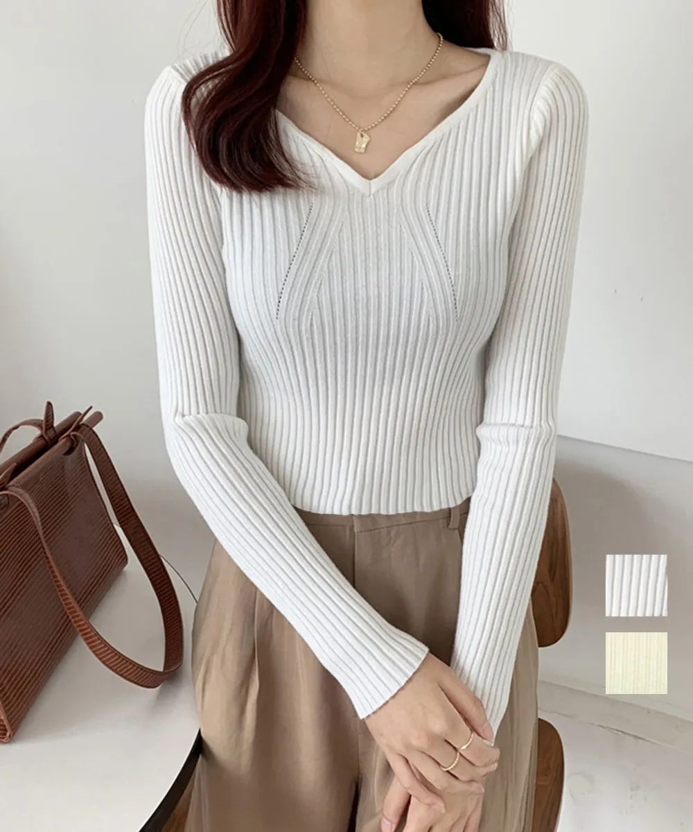 【大人女子向け】Vネックリブニットトップス 春秋冬着やせ伸縮性韓国風シンプル薄手長袖セーター 通勤通学OK 重ね着可能