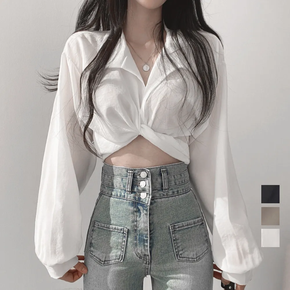 セクシーVネック長袖シャツブラウス | リボン2wayデザイン | 韓国風ショート丈トップス