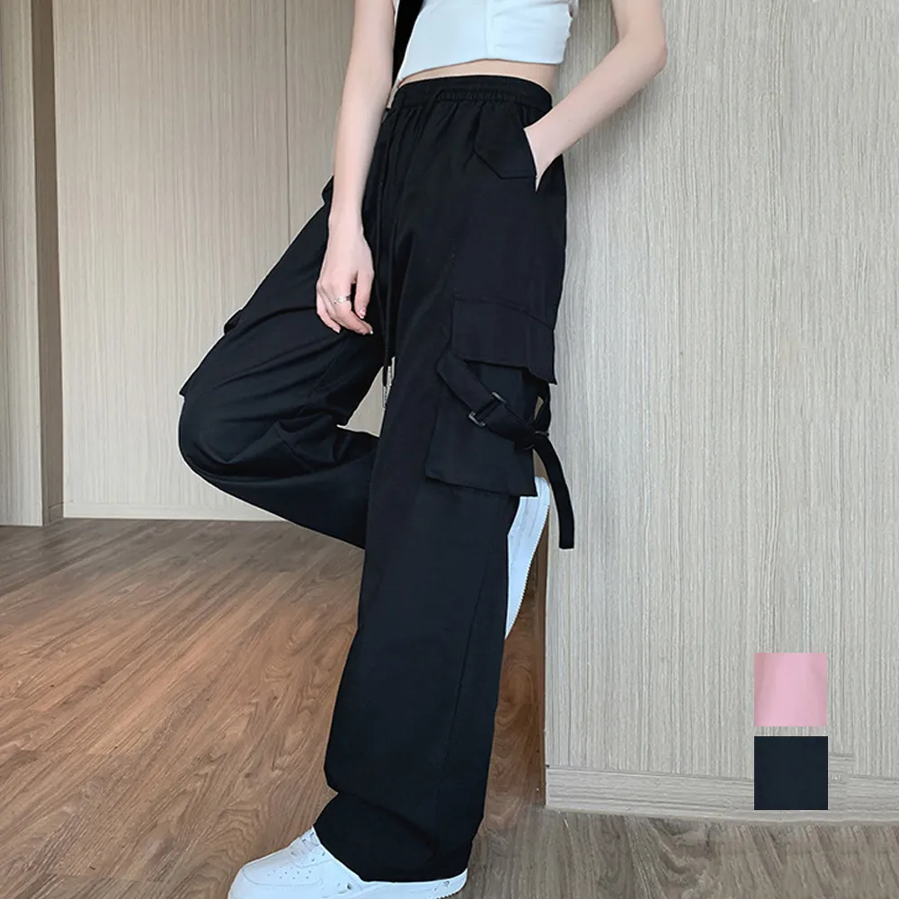 レディースワイドカーゴパンツ｜春秋夏対応 ウエストゴムで快適な原宿風ストレートボトムス [ブラック/ピンク]