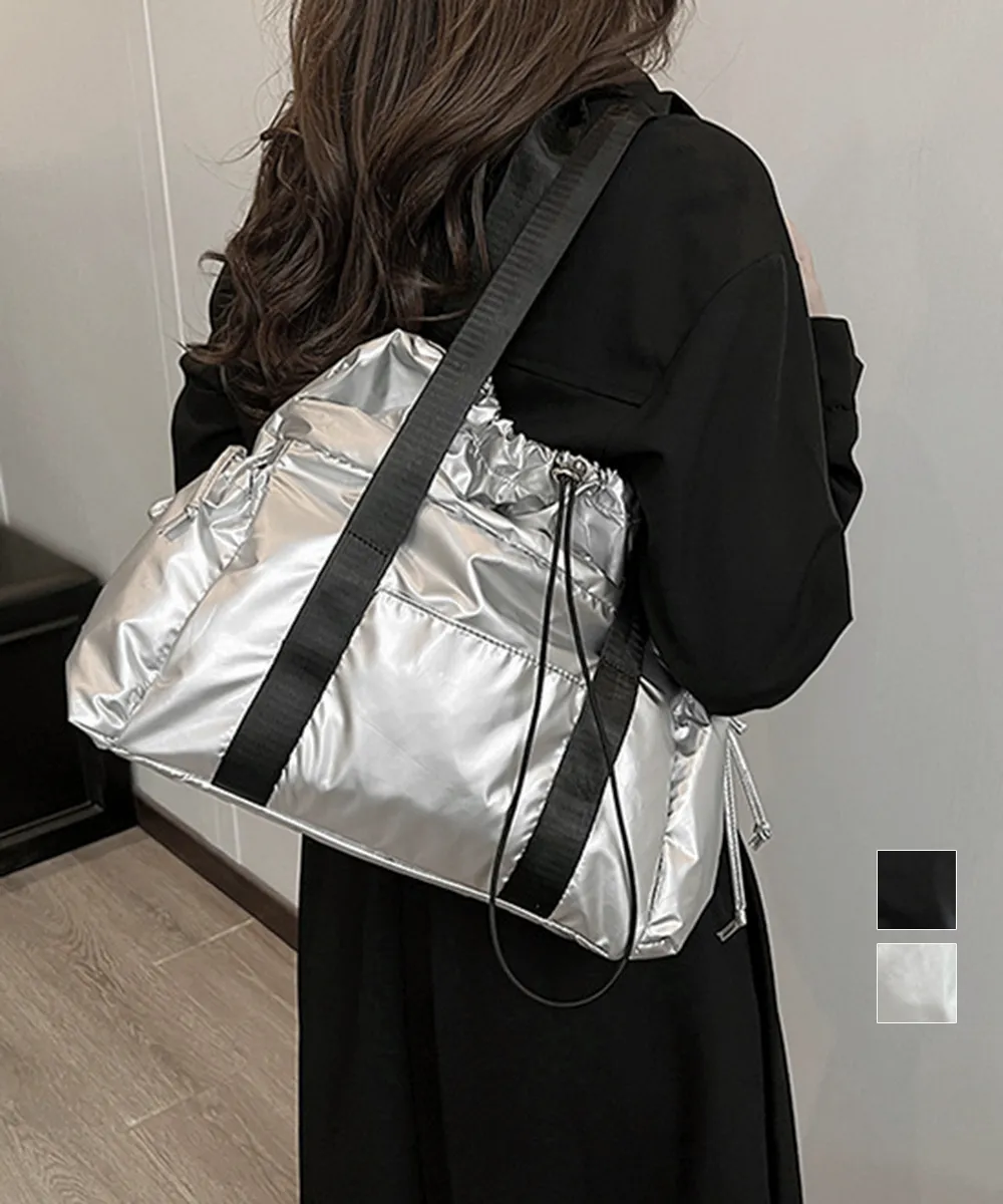 大容量トートバッグ 韓国風ツヤ感デザイン 軽量A4対応 2WAY巾着鞄 ブラック/シルバー
