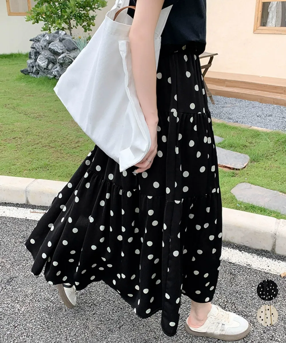 ドット柄ティアードスカート フレアスカート 大人可愛い 韓国風 カジュアル フェミニンスタイル ウエストゴム 着やせ効果