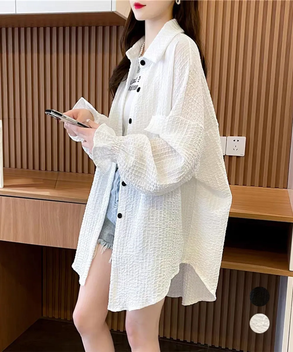シャツカーディガン キャンディースリーブ レディース 韓国風 紫外線対策 着やせ 春夏秋用 ポロネック ゆったり体型カバー
