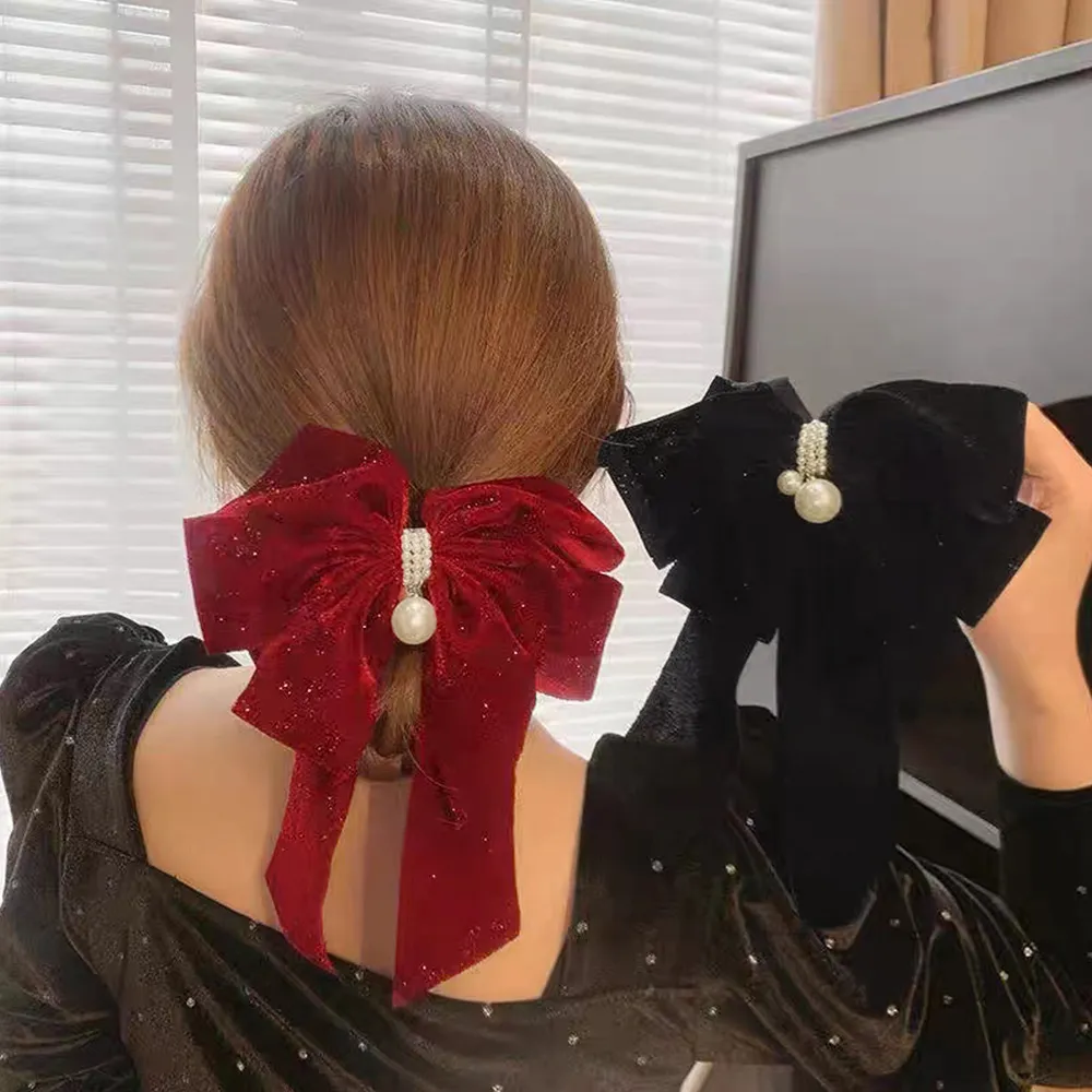 ビッグリボンバレッタ 韓国ヘアアクセサリー フェイクパール付き キラキラベロア素材 大人可愛いガーリースタイル 黒/ワインレッド