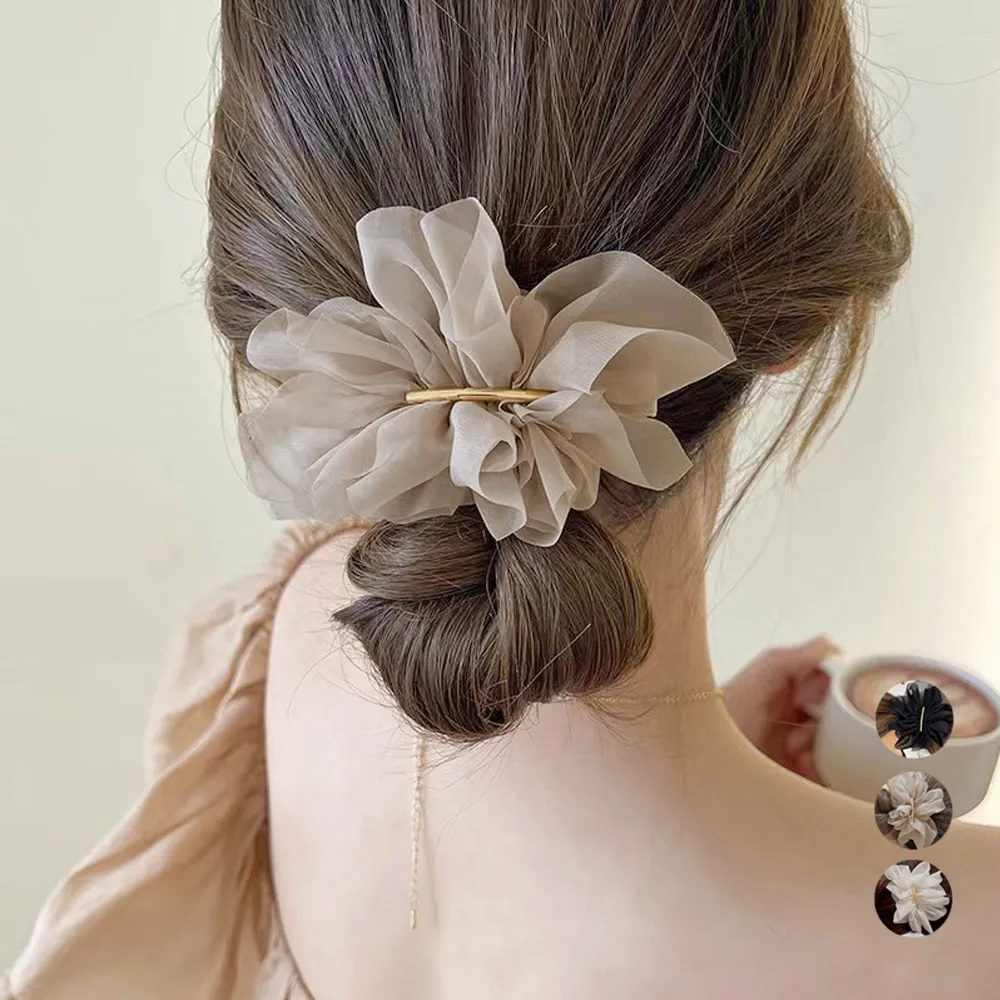 シフォンバレッタ レディースヘアアレンジ 上品清楚な大人可愛い髪飾り｜韓国ファッション 大きめ 結婚式にも