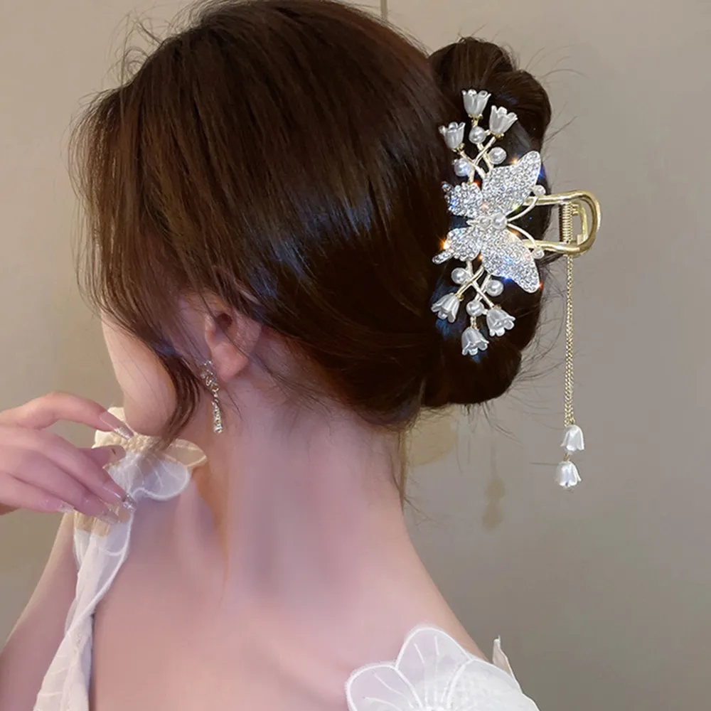 バタフライヘアクリップ タッセル付きゴージャス髪留め パーティー・結婚式用エレガントバンスクリップ