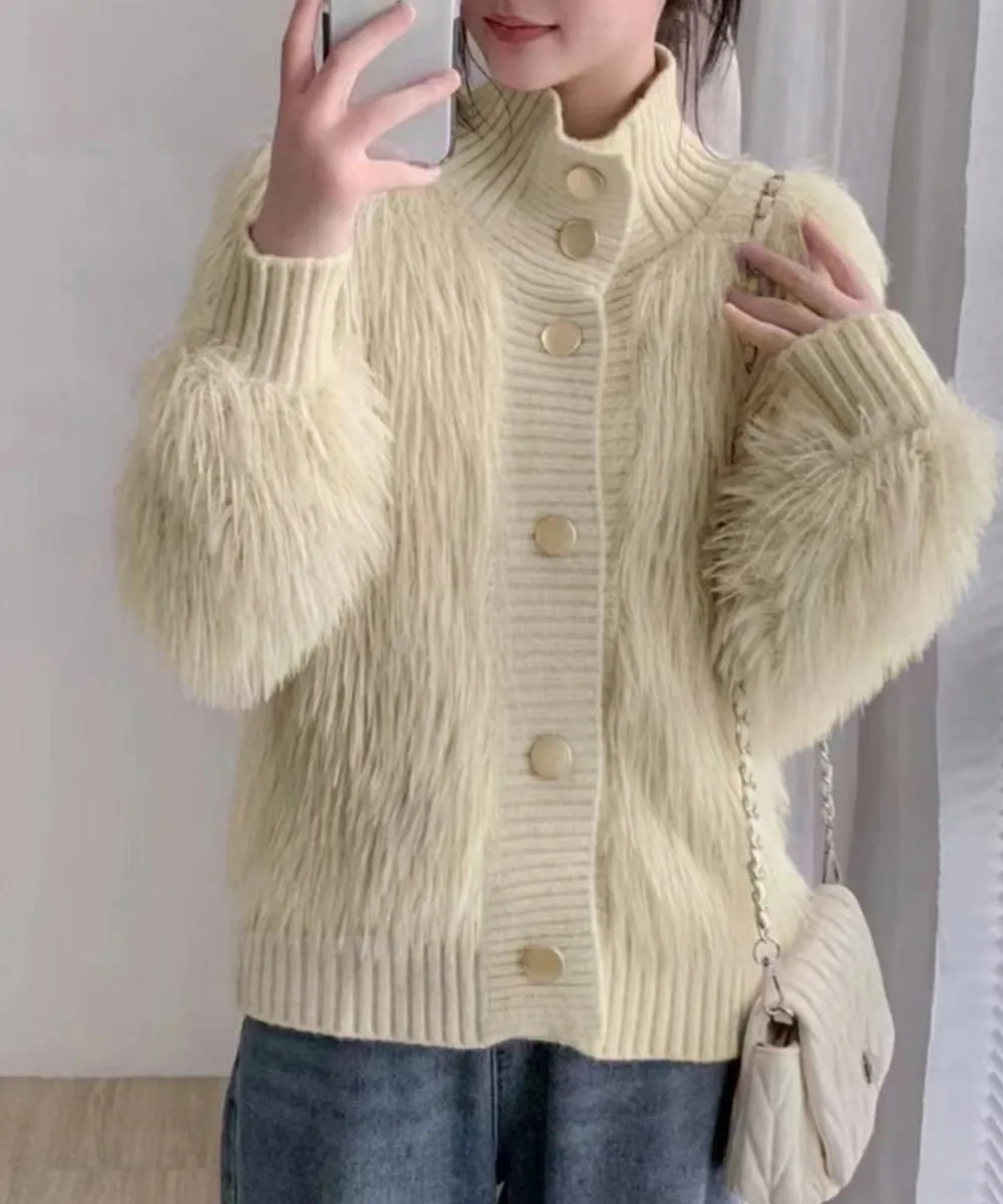 ふわふわ韓国風ファーカーディガン スタンドカラー レディース秋冬暖かいシャギーニットアウター 着やせ体型カバー
