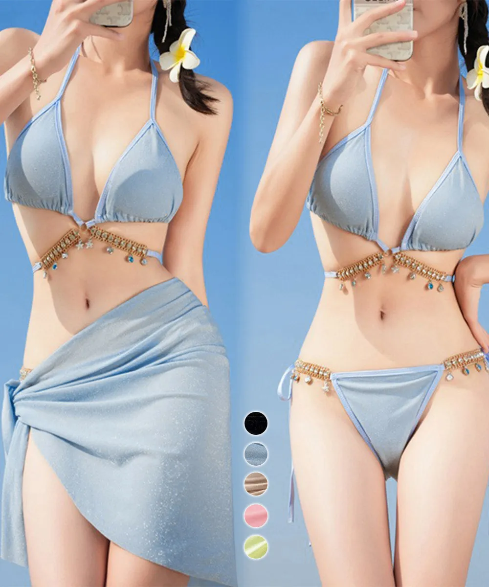 クロスビキニ3点セット パレオ付きセクシー水着 リボン紐デザインで大人可愛い