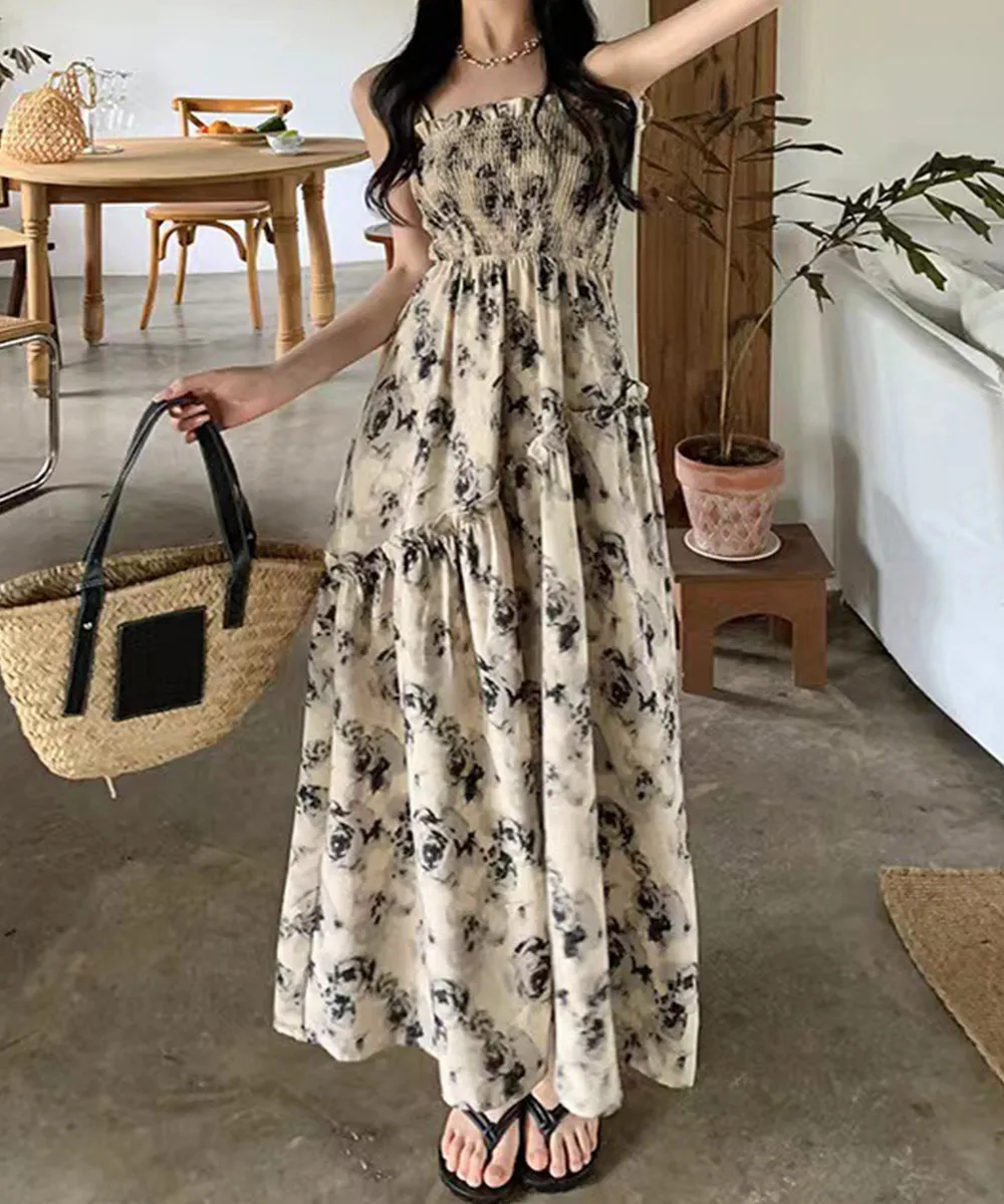 花柄キャミワンピース 胸元シャーリングデザイン 大人可愛い ハイウエストロング リゾート デイリー M/Lサイズ ポリエステル100%