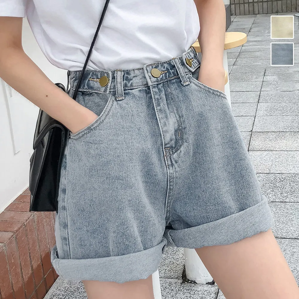 ハイウエストデニムショートパンツ レディース韓国風 ロールアップ可能 美脚効果 カジュアルボトムス 10代20代30代対応