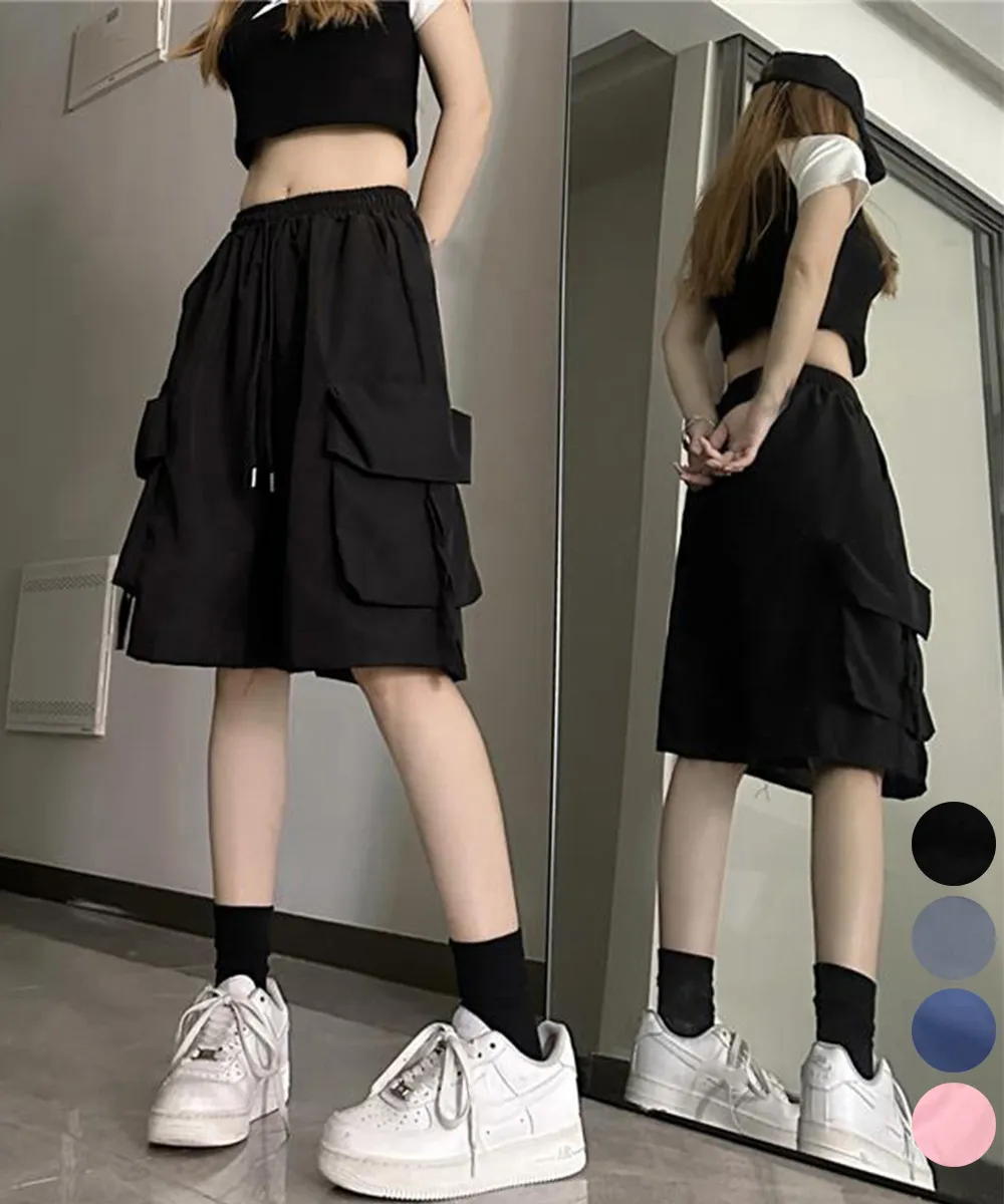 カーゴショートパンツ ハイウエスト5分丈ハーフパンツ レディース体型カバーゆったり春夏薄手短パン サイドポケット付き4色展開