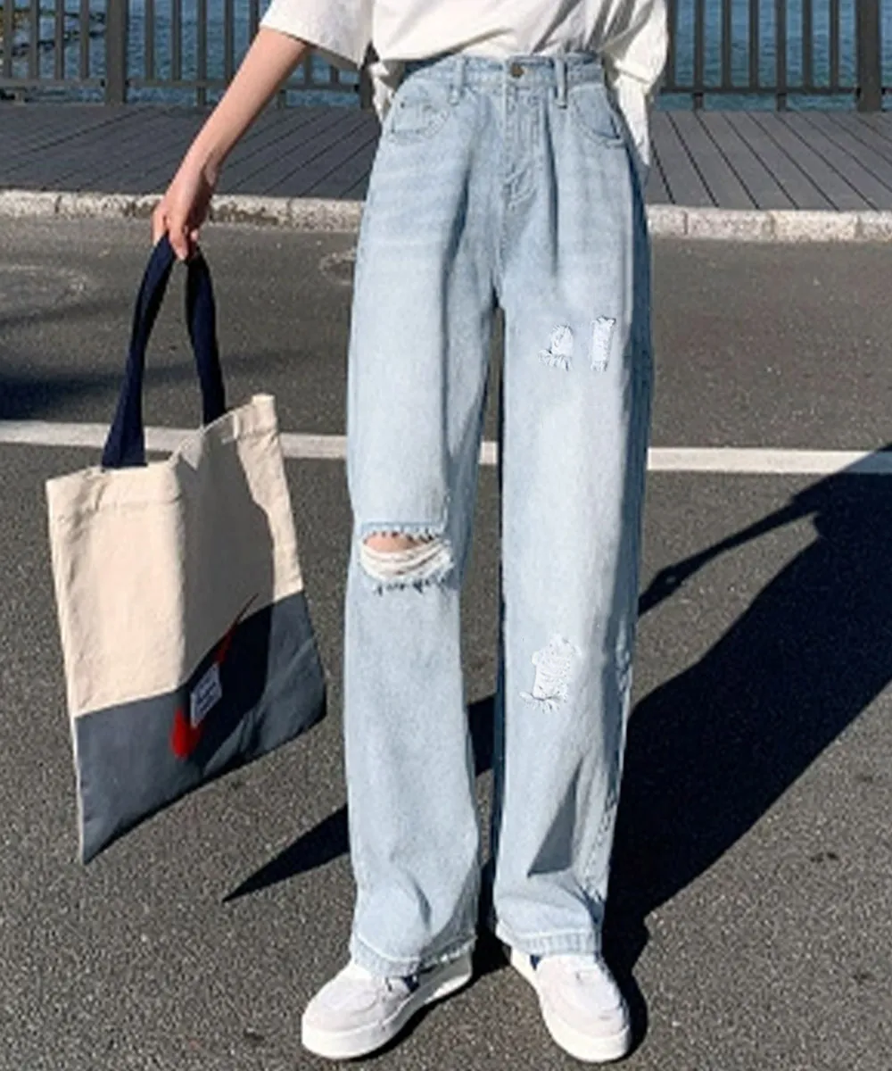 ハイウエスト ワイドデニムパンツ ダメージデザインで脚長効果 ゆったりストレートパンツ カジュアル オルチャン風 春夏レディースジーパン