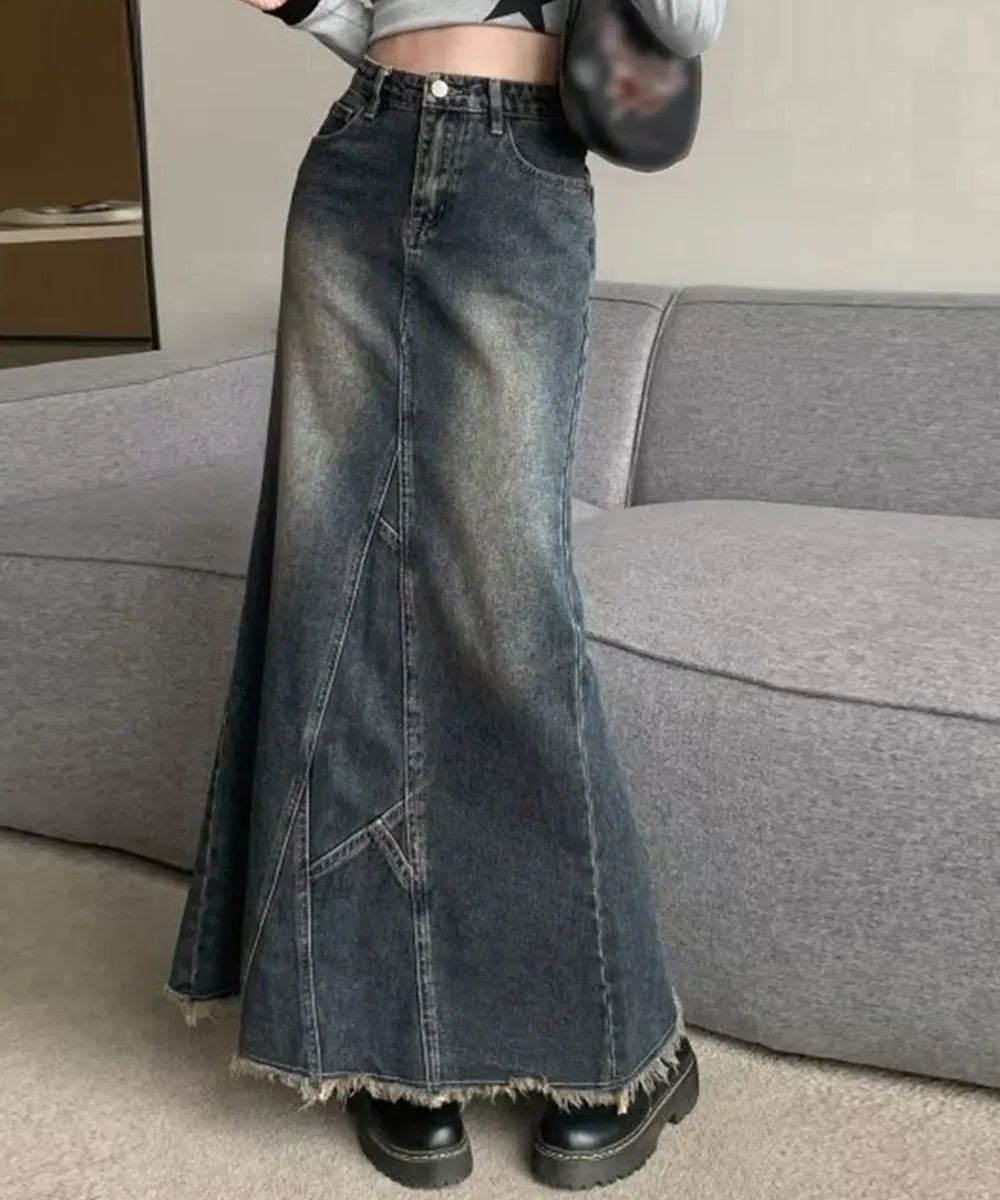 レディースヴィンテージデニムロングスカート ハイウエストAラインデザイン 裾フリンジ&ブリーチ加工 バックスリットで女性らしさUP 韓国ファッション