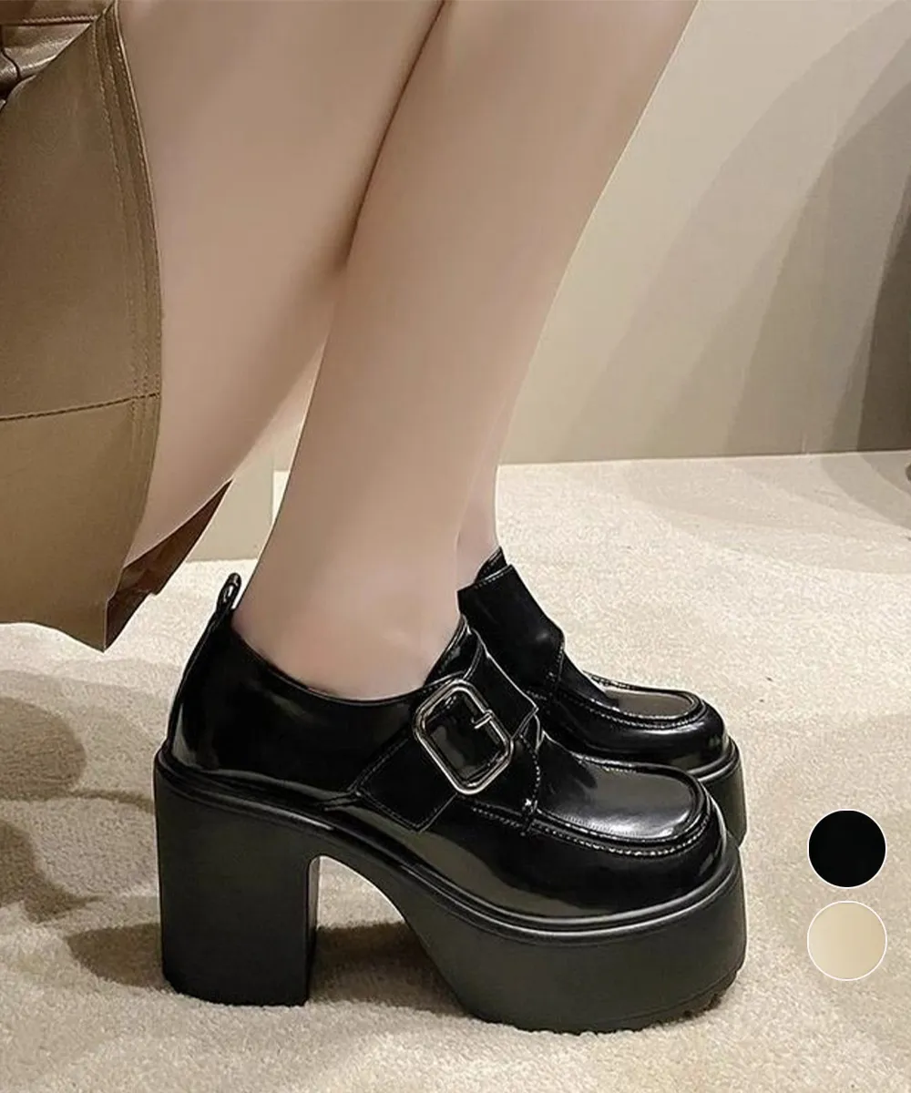 【9cmヒール】美脚厚底ローファー レディース 疲れにくい太ヒールパンプス ワンベルトバックルデザイン 学院風 黒/アイボリー