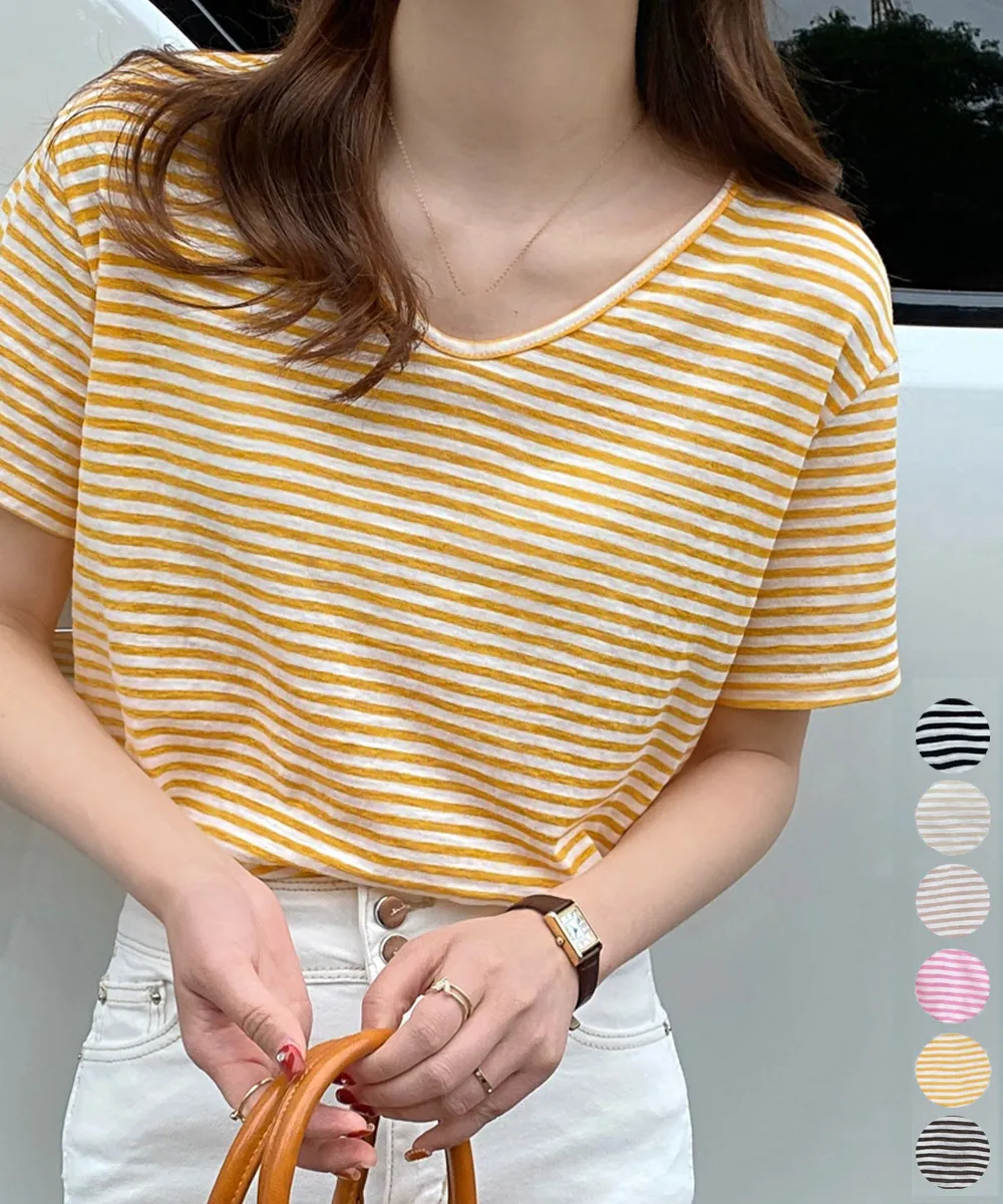 ボーダー柄VネックTシャツ 夏の冷感カットソー レディース韓国風カジュアルトップス 着やせデザイン 涼しく軽やか
