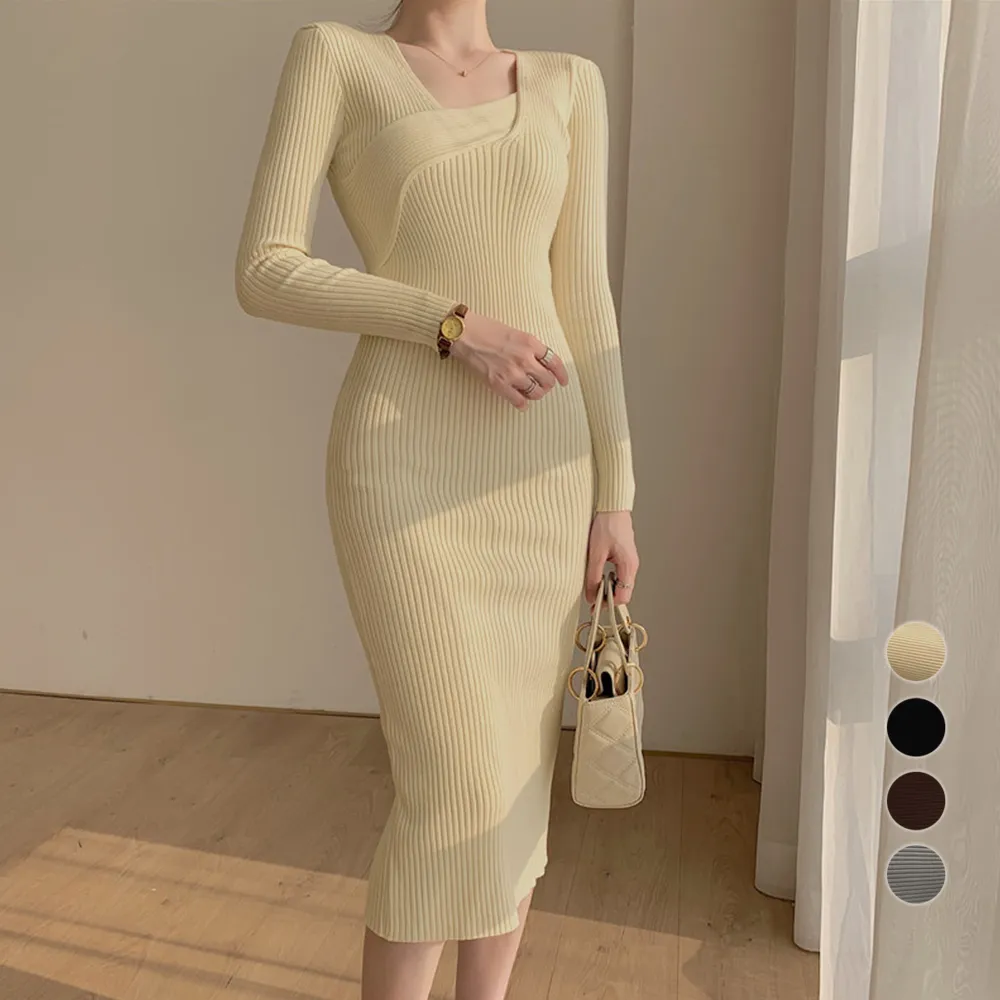 タイトニットワンピース クロスネック|バックスリット&着やせ効果|フェミニンデザイン|デートにも結婚式にもOK
