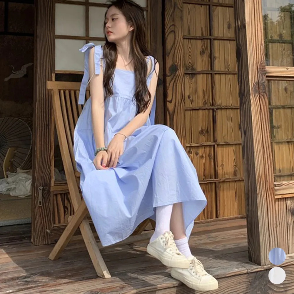 ティアードキャミワンピースロング｜体型カバー無地リボンサマーワンピ レディースAラインゆったりカジュアルフレア