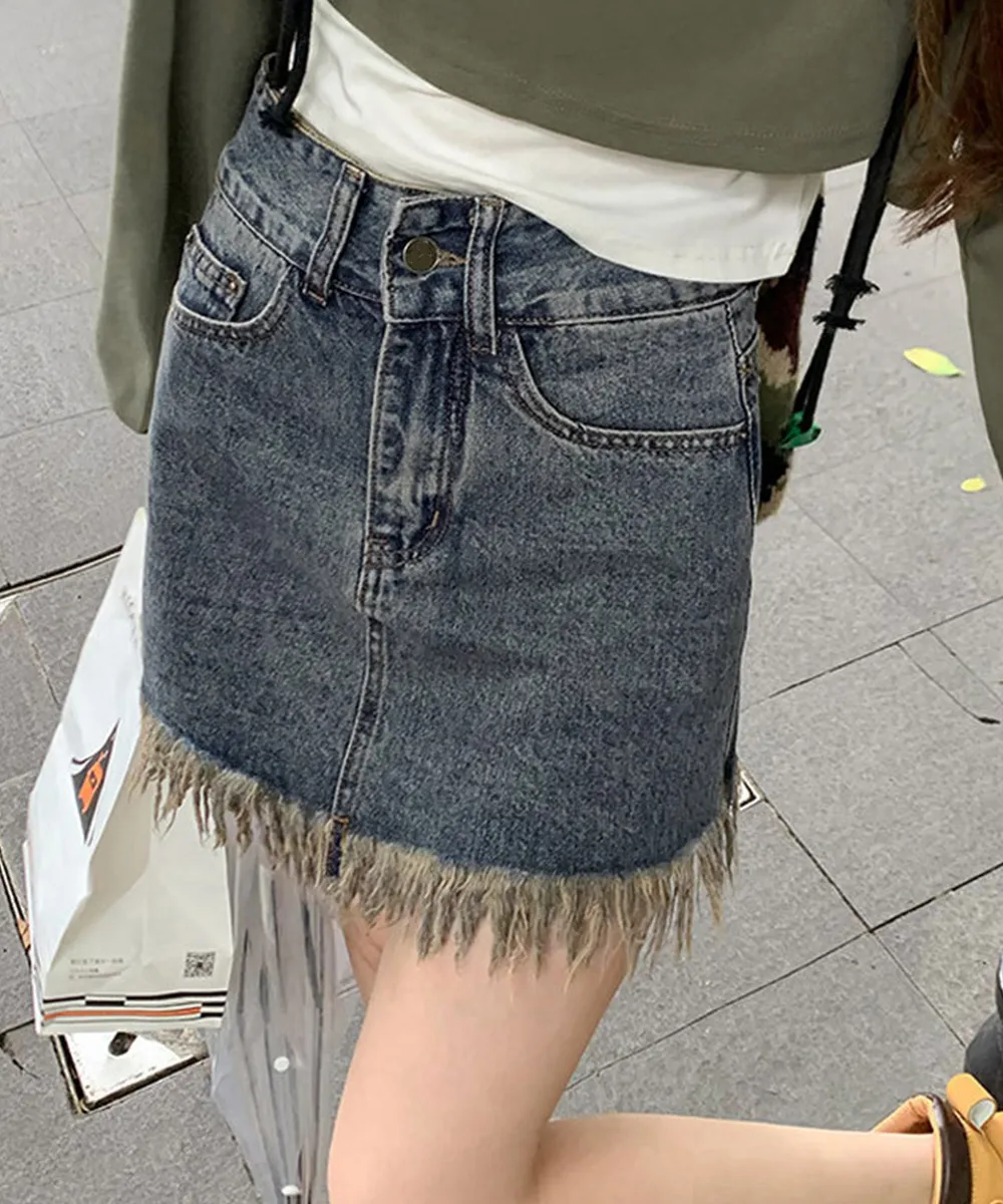 裾フリンジデザインのハイウエストデニムスカート|美脚美尻で着やせ効果のヴィンテージ風Aラインミニスカート