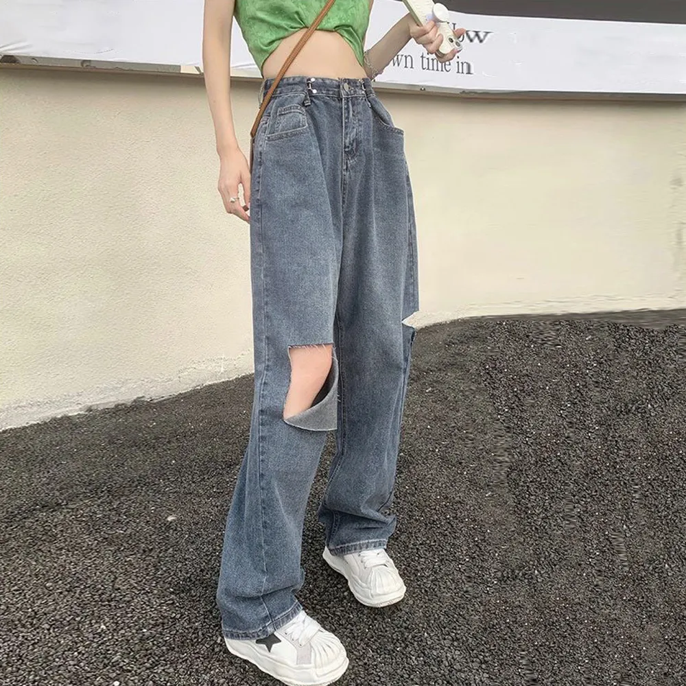 ダメージ加工ハイウエストストレートデニムパンツ｜美脚シルエットで着やせ効果！春夏秋向けレディースジーンズ