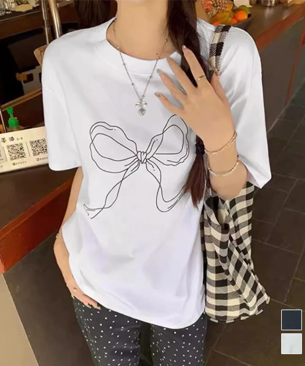 リボンプリントTシャツ レディース 半袖 大人可愛い ラウンドネック 白T ゆったりトップス 体型カバー シンプルカットソー 韓国風