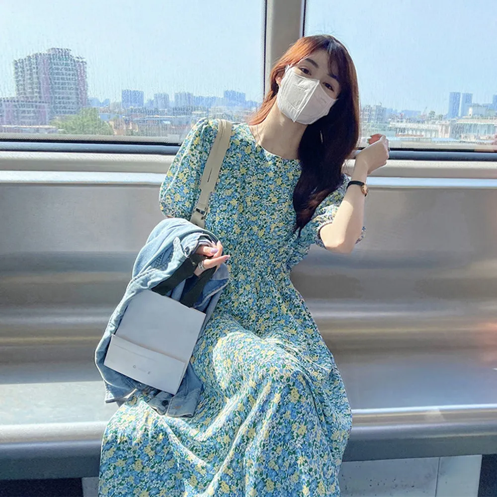 大人可愛い花柄ロングワンピース レディース春夏用 クルーネック総柄パフスリーブ体型カバーサマーワンピ