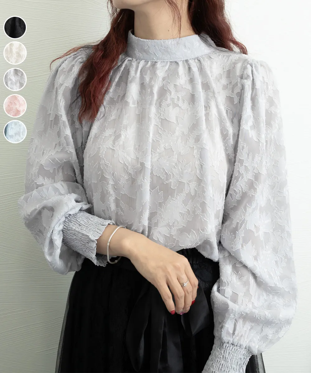 レディース シアーブラウス バルーンスリーブ 韓国風フラワージャガード春夏長袖トップス 着やせデザイン オフィスカジュアル
