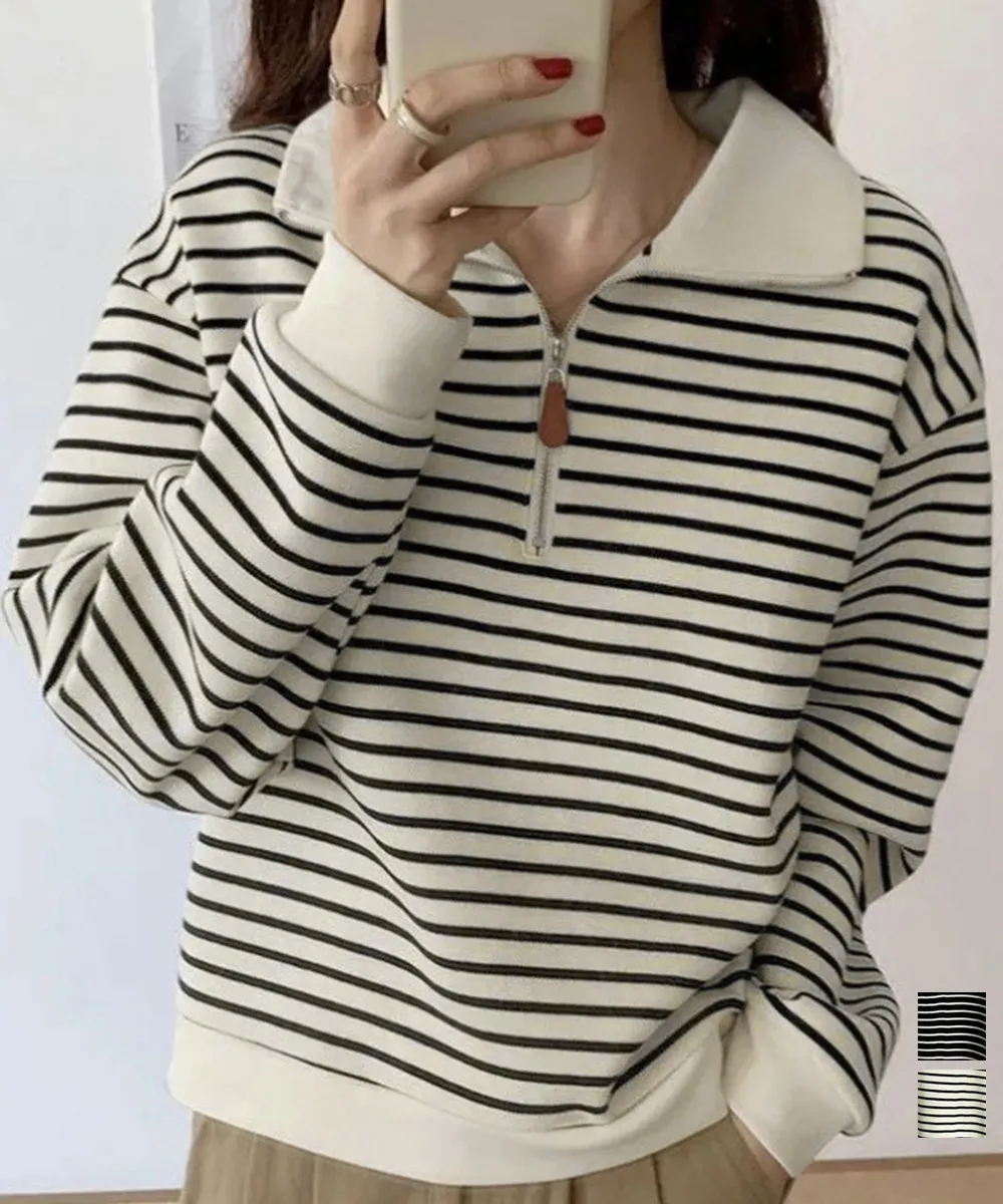 ハーフジップニットポロ ボーダートップス｜体型カバー&大人可愛い 長袖ニットトレーナー 綿85%