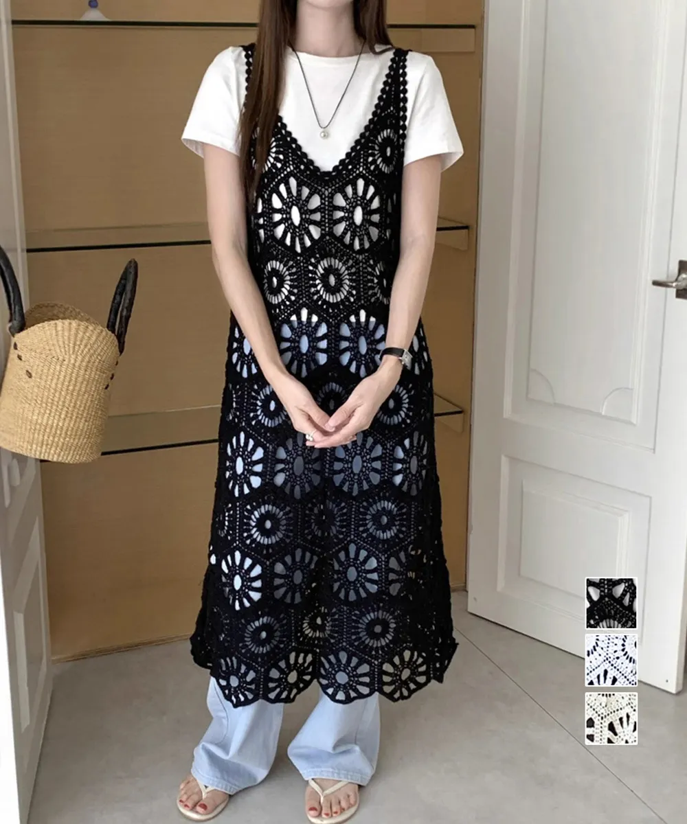 クロシェ編みキャミワンピースロングベスト