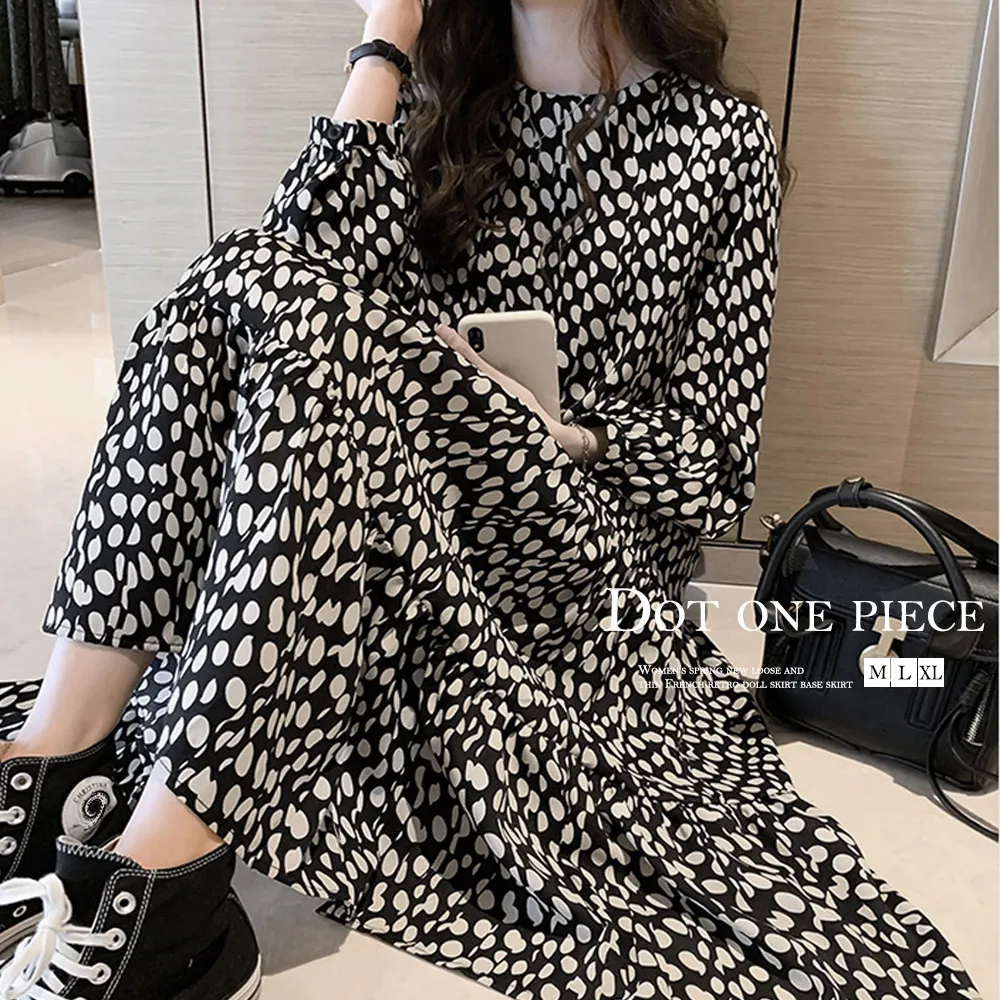 ドット柄シフォンロングワンピース 長袖レディース服 黒 M/L/XLサイズ