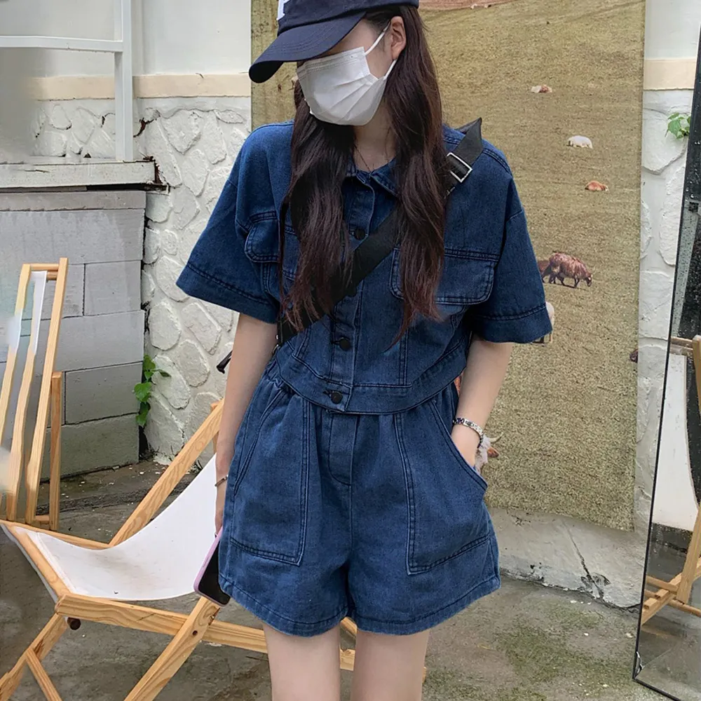 レディースデニムセットアップ｜半袖ジャケット×ワイドショートパンツ2点セット レトロジーパンで夏コーデ