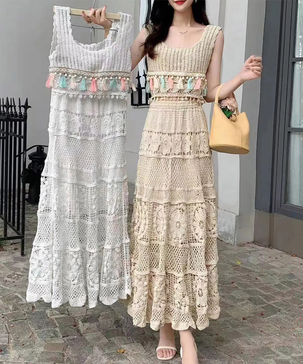 クロシェ編みボヘミアン夏服 レディースサマーニット2点セット | ハイウエストで足長効果